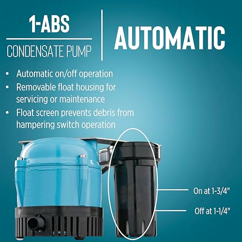 Image of Little Giant 1-ABS 115-volt, 1 /150 HP, 205 GPH Automatic Shallow Pan Condensate Removal Pump for Ceiling Mounted Air Conditioners or Dehumidifiers, Black /Blue, 550521