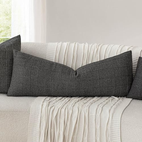 Image of Foindtower Set of 1 Decorative Linen Check Throw Pillow Cover Neutral Long Body Lumbar Cushion Cover Farmhouse Vintage Home Decor for Sofa Chair Couch Bedroom Living Room,14x36 Inch,Charcoal