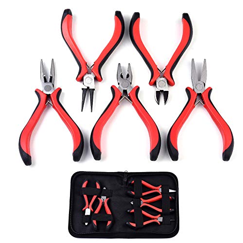 Cheriswelry Lot de 5 pinces à bijoux à bec rond - Pince coupante latérale - Pince coupante - Pince à bec plat - Avec sac noir - Mini outil de bijoux pour réparation de bijoux et perles