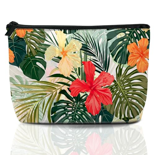 Hibiscus Flowers Travel Makeup Bag,Hawaiian Palm Leaf Cosmetic Bags Small Waterproof Zipper Women Purse Mini Portable Traveling Organizer Pouch for Ladies Thanksgiving Gifts