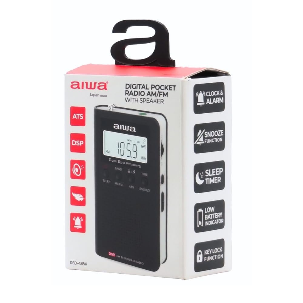 AIWA RSD-45BK Radio Digitale Portatile Am/FM con Altoparlante, Ricerca Automatica ATS, Tecnologia DSP, Display LCD con Orologio e Allarme, Radio tascabile Compatta con Cuffie
