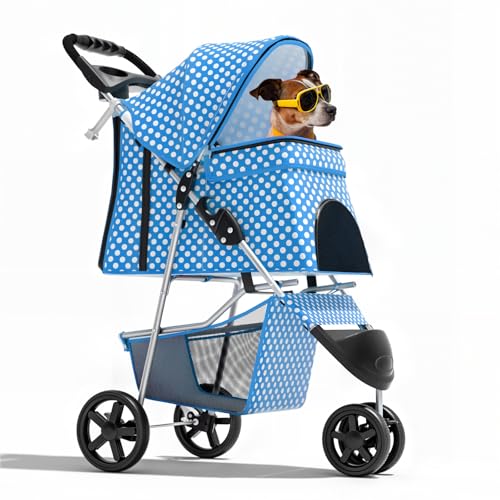 Image of Magshion 3-Wheel Pet Stroller, Foldable Travel Jogger for Small & Medium Dogs & Cats (Up to 33lbs), Lightweight Carrier with Breathable Mesh Cover, Cup Holder & Storage Basket, Sky Blue Polka Dots