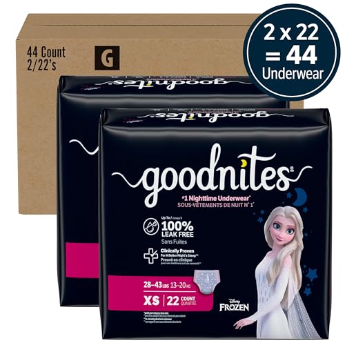 Image of Goodnites Girls' Nighttime Bedwetting Underwear, Size Extra Small (28-43 lbs), 44 Ct (2 Packs of 22), Packaging May Vary
