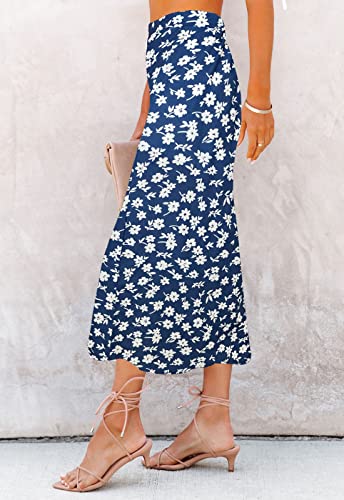 Image of HERBATOMIA Women's Floral Print Midi Skirt Casual High Elastic Waist Zipper Vintage Long Boho Skirts for Women