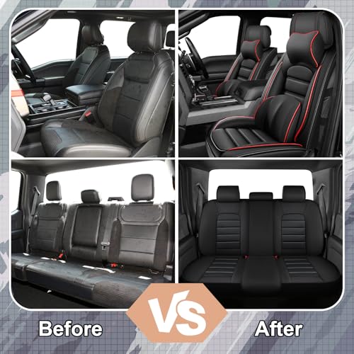 Image of Full Set Car Seat Covers for Ford F-150 F-250 F-350 XL XLT STX Lariat King Ranch Platinum Raptor Seat Covers 2007-2026, Waterproof Seat Protectors(Luxury 5 Seats /Black&Red)