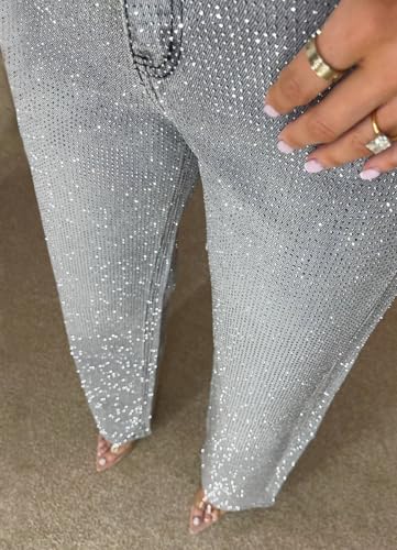 Women High Waist Rhinestone Jeans Straight Wide Leg Sparkly Bling Glitter Diamond Denim Pants Y2k Shiny Trousers Pockets2