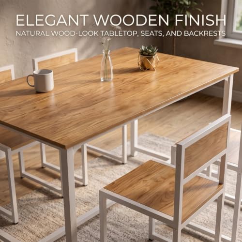 Image of FFO 4 Seater Dining Table Set for Home, Compact Space Saving Dining Table with 4 Chairs, Metal Frame & Engineered Wood Top, Modern Kitchen Table Set for Dining Room, Apartment & Small Spaces