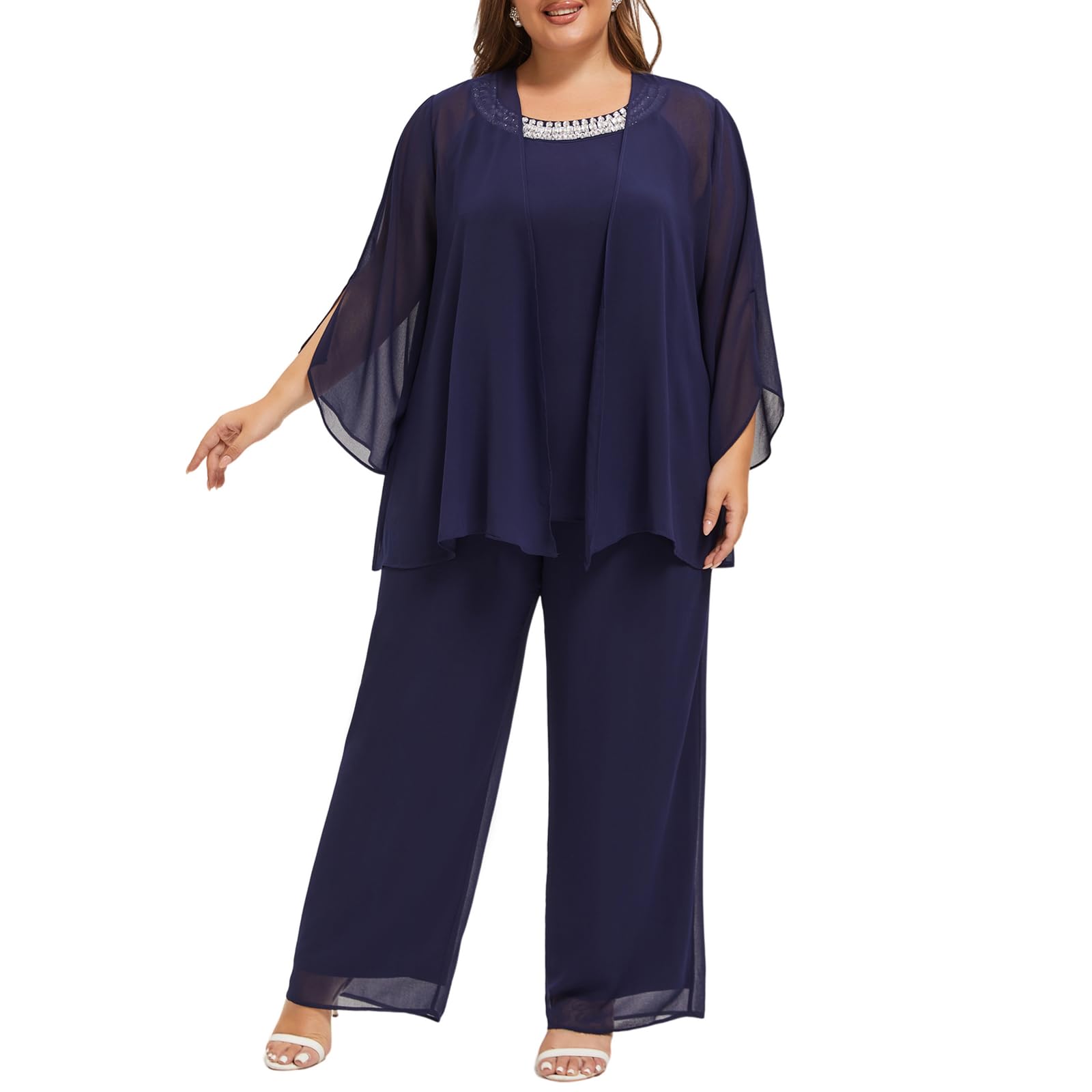 AOVDE Hosenanzug Für Brautmutter In Übergröße – Elegantes Chiffon-Outfit Mit Taschen In Königsblau