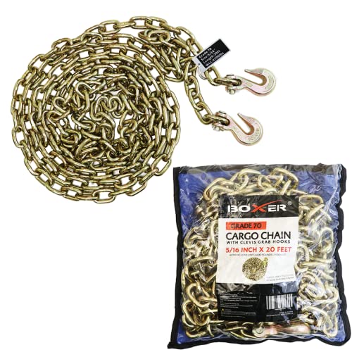 Boxer Heavy Duty Transport Chain with Clevis Hooks 5/16” x 20’ Grade 70 Working Load Limit 4,700 LBS, with Portable Premium Bag- Tie Down for Trucks, Trailers, Tractors