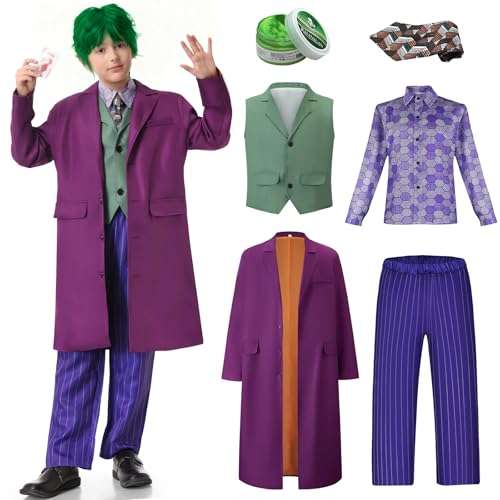 BuzzoXerex Disfraz Joker Niño, Disfraz de Payaso Terror Niño Halloween Joker Niños con Abrigo, Camisa, Chaleco, Pantalón a Rayas, Corbata para Halloween (M)