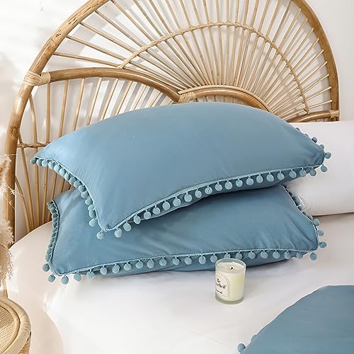 YIRDDEO King Size Comforter Set - King Size Comforter with Ball Pom Fringe, Soft King Bedding Set for All Seasons - 3 Pieces, 1 Comforter (104"x90"inches) & 2 Pillow Shams(20"x36"), Dusty Blue
