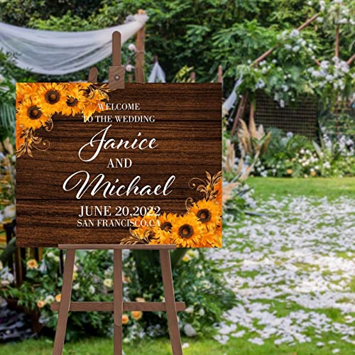 Cartel de bienvenida de madera con girasoles personalizado para bodas al aire libre