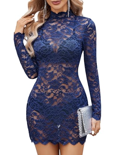 Image of Avidlove Women's Long Sleeve Lace Cocktail Dress Sexy Transparent Lingerie Mini Babydoll Dresses for Party (no lining)