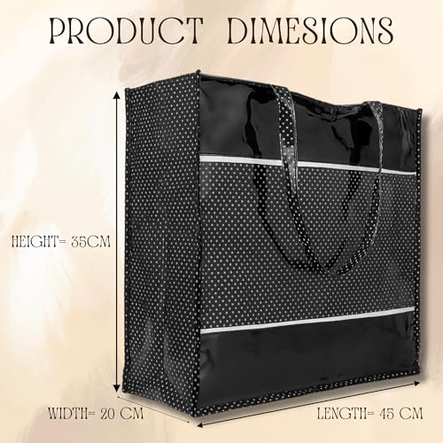 Image of Multipurpose Tote Bag - Black with White Dots | Large Waterproof PVC Mesh Picnic Bag | Reusable Shopping Bag for Groceries, Travel, Beach, Outdoor & Daily Use | Stylish Carry Handbag