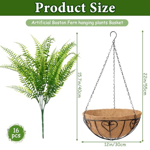 KHOYIME Artificial Hanging Plants with Basket 2PCS Fake Boston Fern Baskets, Outdoor Faux Greenery Stems Hanging Decor UV Resistant Indoor Outside Decorations for Home Garden Porch Balcony Patio Yard