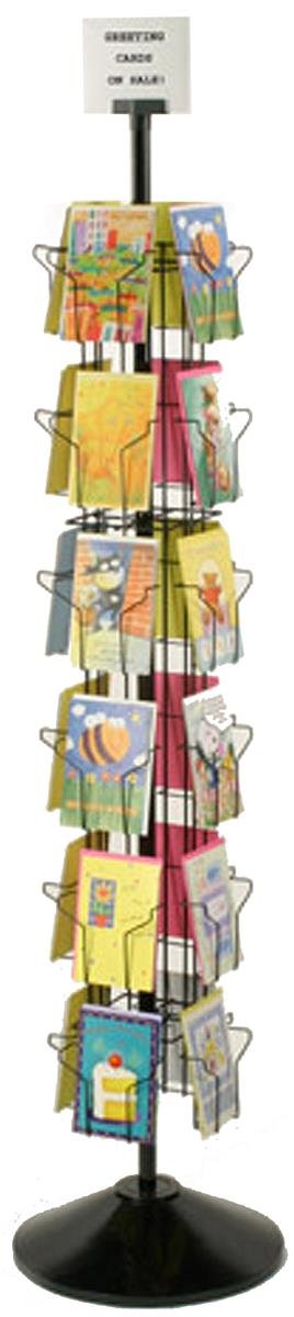 Greeting Card Display Rack with (24) 5 x 7 Pockets, 66 Inch Rotating Wire Stand - Black Wire Construction with Plastic Base and Sign Holder