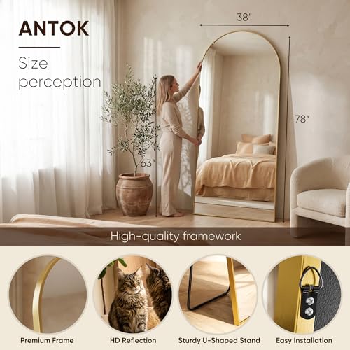 Image of Antok 78 inch x38 inch Arched Full Length Floor Mirror, Gold Aluminum Frame, Free Standing /Wall Mount /Leaning for Bedroom, Living Room, Dressing Room