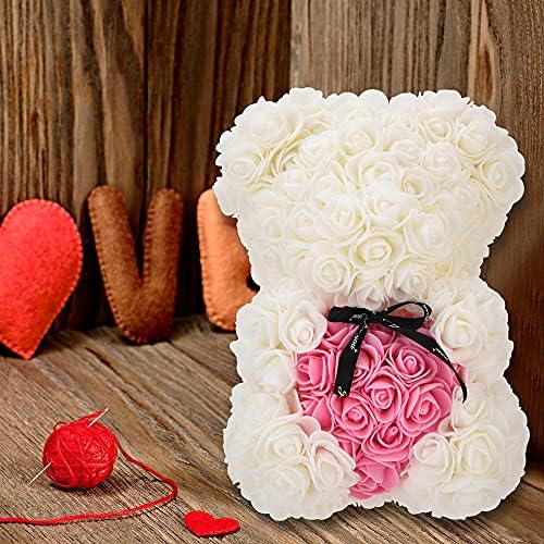 KWT Valentine's Gift,Birthday Gifts, Rose Flower Bear-Hand Made Rose Teddy Bear Hug Hear,Gifts for mom, Gifts for Girls,Unique Giftst For Lover, 10 Inches Clear Gift Box Included (White)