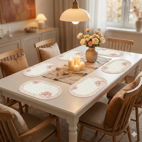 Image of YELONA Leather Dining Table Placemats Set of 6 - Waterproof, Heat Resistant, Anti-Slip, Easy to Clean Table Mats for Dining Table, Kitchen & Home Decor (Peach Fuzz, 40 x 30 cm)