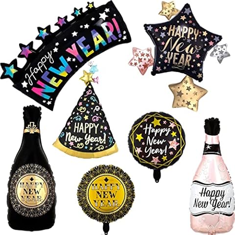 7Pcs New Years Eve Party Balloons Black Gold Foil balloons Champagne Balloons for New Year Eve Party Decorations 2023 Cover