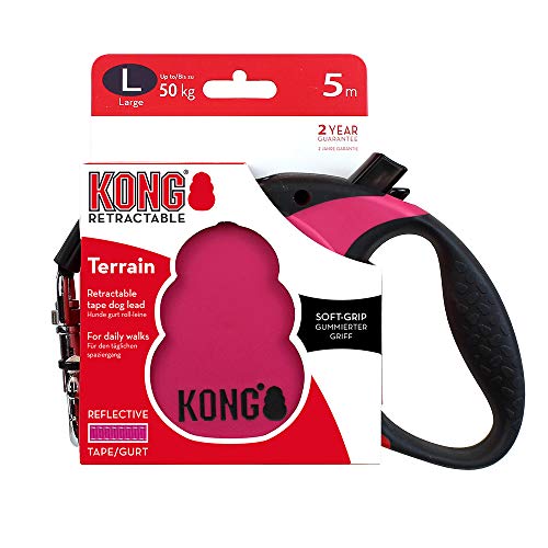 KONG ausrollbare Hundeleine in 5m Länge I Für große Hunde bis 50kg I Größe L I Hochwertige Rollleine mit Break & Lock System in pink I komfortable Leine mit Softgriff & reflektierendem Gurt