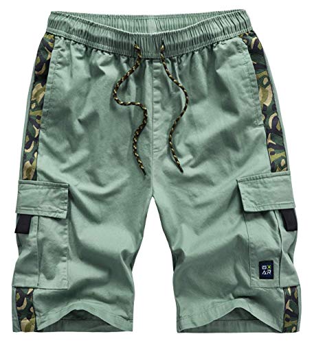 XinYangNi Men's Cargo Shorts Elastic Waist Drawstring Knee Length Cotton Casual Outdoor Lightweight Shorts with Multi Pockets Pea Green US 32