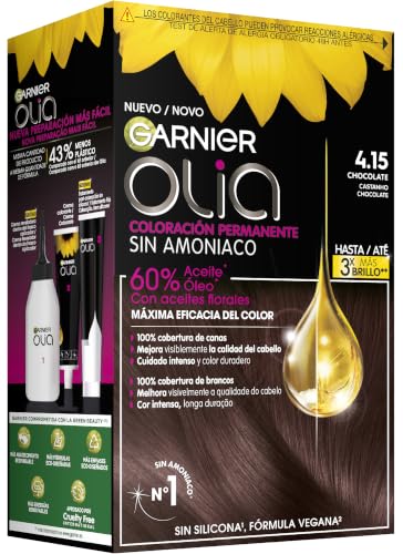 Garnier Olia Coloración Permanente sin Amoniaco, Tono 4.15 Chocolate | 60% Aceites Florales, sin Amoniaco, Color Intenso y Brillante, 100% Cobertura de Canas, Cabello Cuidado, Olia