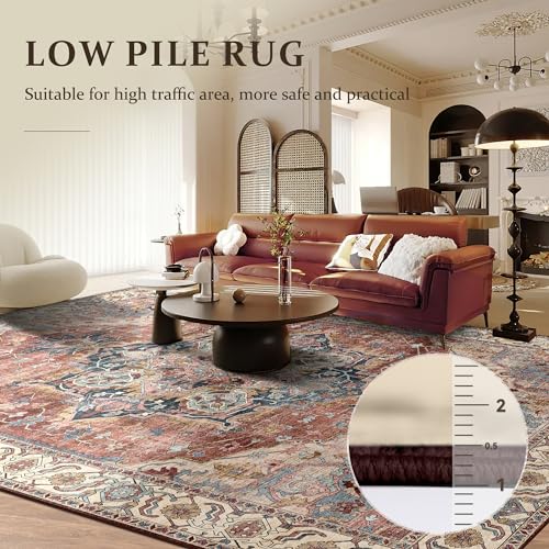 Deerly Large Washable Living Room Rugs 9x12 Boho Vintage Area Rug Indoor Bedroom Carpet with Non Slip Rubber Backing for Under Dining Table Office Farmhouse, Brickred/Multi