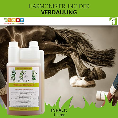 Foto von ESTELLA Verdauungssaft (1 Liter, Pferd) I Kräuterextrakt Saft für den Magen mit Enzian und Fenchel, Kräutersaft bei Blähungen und Gaskoliken, entspannt den Darm, regt die Verdauung an