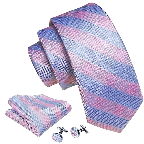 Image of Barry.Wang Plaid Ties Check Mens Necktie Set with Handkerchief Cufflinks Classic Stripe