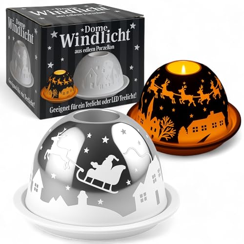 MIJOMA Windlicht Dome Silber Santa-Schlitten, Porzellan Teelichthalter...