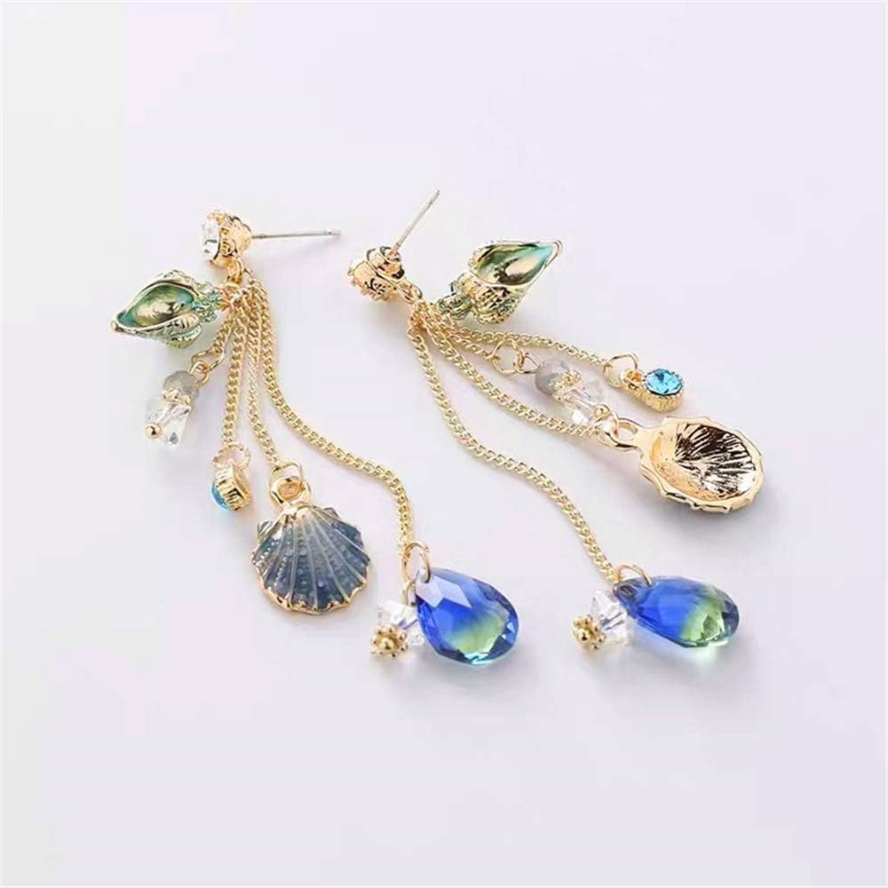 Sparkly Bohemia Long Tassel Blue Ocean Shell Flower Dangle Earrings Shine Rhinestone Scallop Beach Earrings for Women Charm Statement Colorful Crystal Jewelry - Image 8