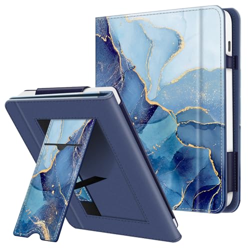 Fintie Ständer Hülle für 7 Zoll Tolino Vision Color 2024 / Vision 6 2021 & Kobo Libra Colour 2024 / Libra 2 2021 - Cover mit Handschlaufe, Kartenfach und Auto Sleep/Wake, Blau Marmor