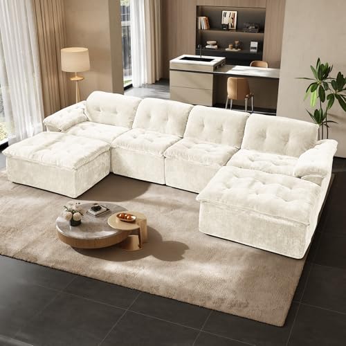 Image of 157 inch Oversized U Shaped Sectional Cloud Couch, Large Modern Cloud Sectional Couch with Ottoman, Chenille 6 Seat Sofa Set, Modular Sectional Sofa for Living Room, No Assembly Required, Beige