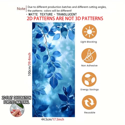 Image of Nuxovilar, Blue Leaf Art Window Film, 17.7x39.4inch | Blue Foliage Pattern Static Cling for Living Room (Sparkle)