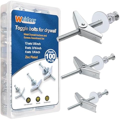 weideer 100Pcs Toggle Bolts 1/8" 3/16" 1/4" Heavy Duty Drywall Anchors and Screws Assortment Set Toggle Bolts and Wing Nut Kit with Nuts washers (25sets) K-136 Cover
