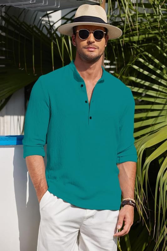 Image of Men's Cotton Blend Straight Kurta Shirt Combo with Mandarin Collar - Slim Fit Casual Short Kurti Set Featuring Textured Slub Fabric and Roll-Up Full Sleeves