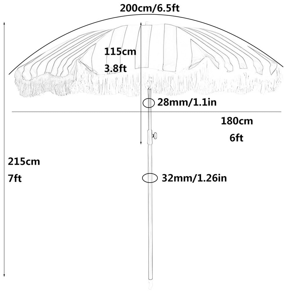 200 cm Boho Paski Parasol Plażowy z Frędzlami, Przenośny Odchylany Parasol Ogrodowy z Torbą Transportową do Ogrodu, na Piknik, Basen(Green)