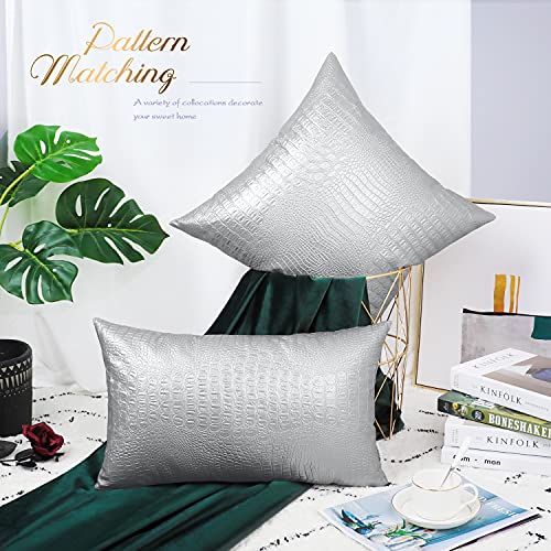Brawarm Faux Leather Pillow Covers 12 X 20 Inches, Silver Leather Pillow Covers Pack Of 2, Crocodile Leather Decorative Lumbar Throw Pillows For Living Room Couch Bed Sofa Home #TOP2