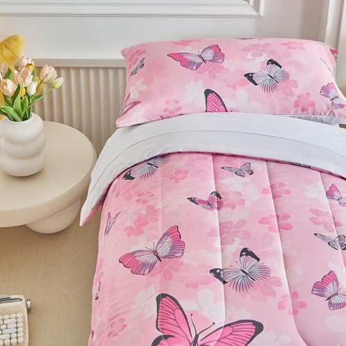 Image of Butterfly Toddler Bedding Set for Girls Pink Colorful Butterfly 4PC Toddler Bed Set - Soft Pink Flowers Cute Princess Toddler Bed in a Bag with White Sheet Set and Pillow Shams