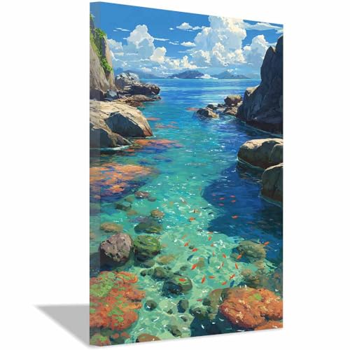 Affiche paysage de la côte CUDAOO - Peinture à l'huile moderne encadrée pour chambre