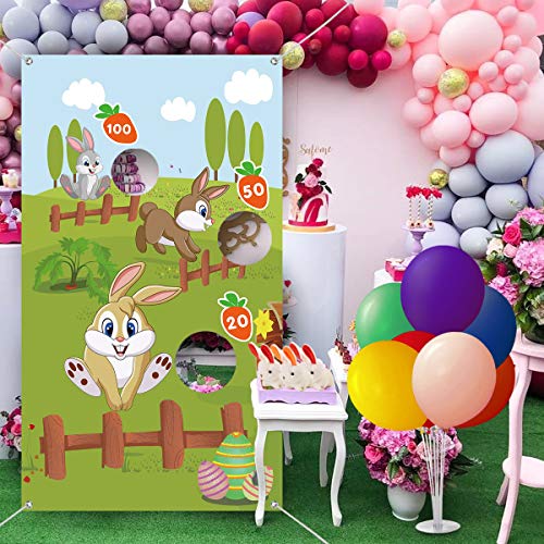 Kithouse Easter Toss Game with 3 Bunny Bean Bags for Kids Adults + Balloon Stand Kit Easter Eggs Hunt Bunnies Game Party Favors Supplies Easter Decorations Outdoor