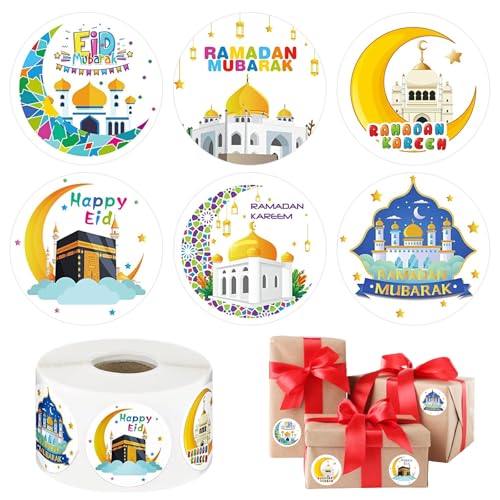 Ramadan Etiketten Aufkleber 500 Stück Eid Sticker Round Mubarak Sticker Rolle Ramadan Aufkleber Deko Eid Mubarak Etiketten Self-Adhesive für Briefumschläge und Geschenkboxen(A)
