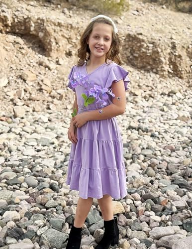 Arshiner Girls Dress Short Sleeve Summer V Neck Button Removable Belt Dresses with Pockets 5-12 Y3