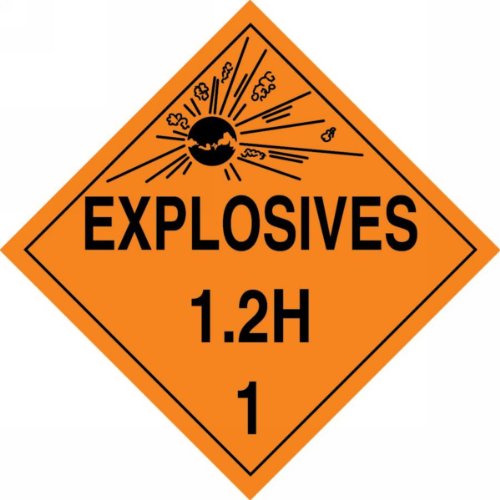 Image of Accuform MPL116CT50 PF-Cardstock Hazard Class 1 /Division 2H DOT Placard, Legend inchExplosives 1.2H 1 inch with Graphic, 10-3 /4 inch Width x 10-3 /4 inch Length, Black on Orange (Pack of 50)