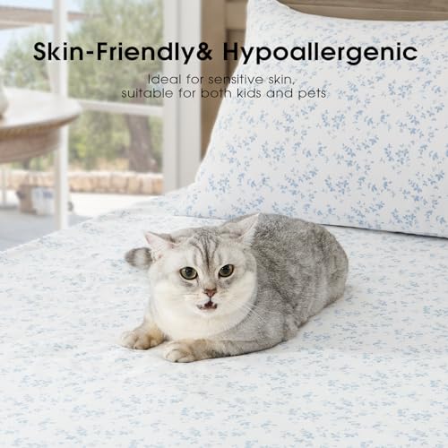 Image of FreshCulture Floral Bed Sheets - Ultra Soft Full Size Bed Sheets - Brushed Microfiber Blue Floral Sheets - Deep Pockets - Easy Care - Hotel Luxury 4 Piece Flower Printed Sheets Full, Lille