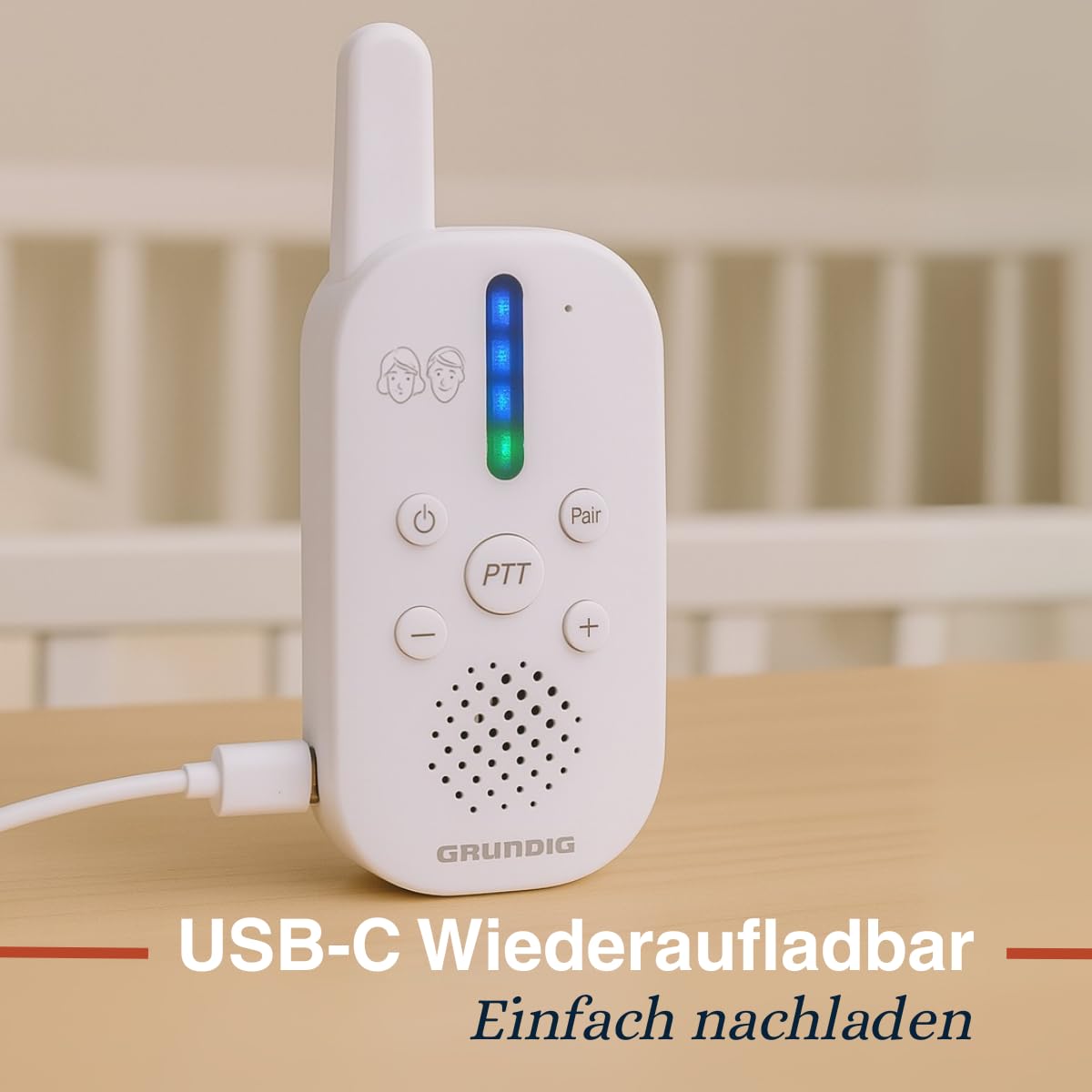 Grundig DECT Audio-Babyphone – Babyfon mit 150 m Reichweite – Eltern-Kind-Einheit – mit LED-Tonanzeige und Gegensprechfunktion – Kinderzimmer-Zubehör – Weiß