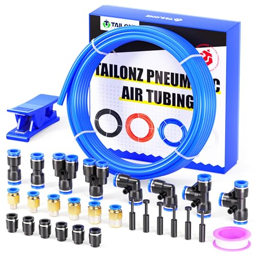 Image of TAILONZ PNEUMATIC Blue 10MM Inch OD 10 Meter 32.8ft PU Polyurethane Air Tubing Kit Pipe Hose Air Line Tubing Air Hose Fittings Push to Connect Fittings(29PCS)
