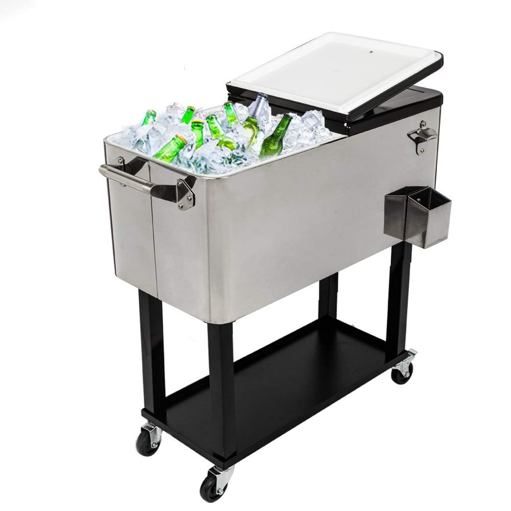 MTFY 80 Quart Rolling Ice Chest on Wheels, Portable Party Bar Cold Drink Beverage Cart Tub for Outdoor Patio Deck, Dark Brown Wicker Faux Rattan Tub