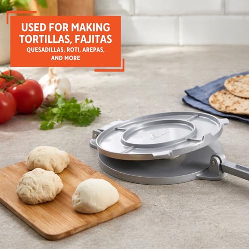 Image of IMUSA 8in Cast Aluminum Tortilla Press, Lightweight Dough Press for Tortillas, Arepas, Empanadas, Roti and Flatbreads, Easy Lever Design, Gray